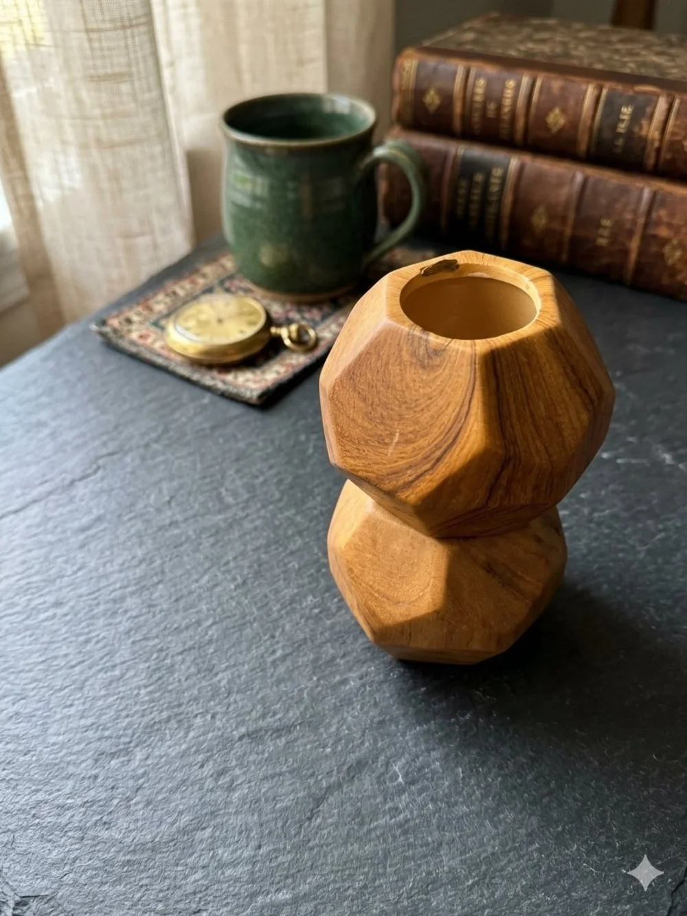 Wooden Faceted Votive Holder - Natural Brown